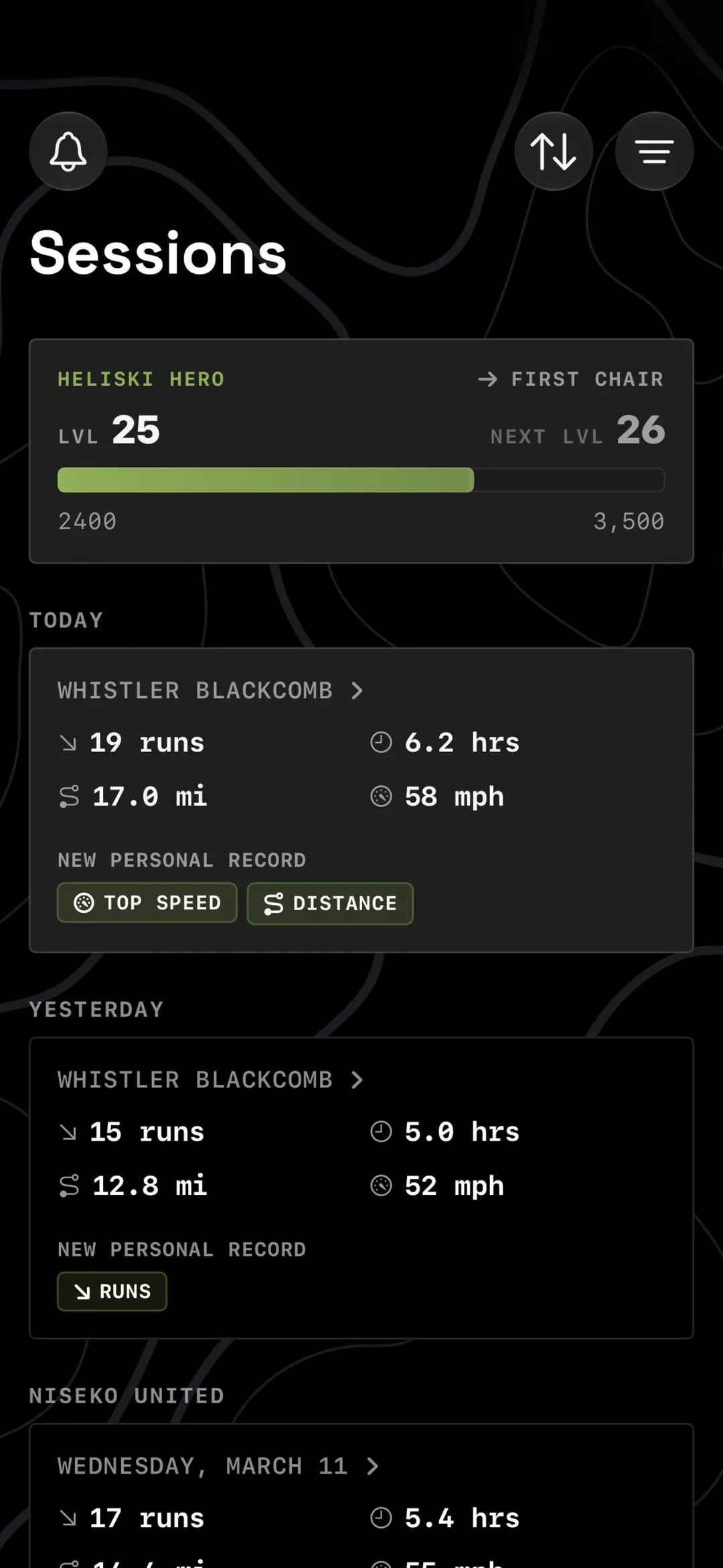 A screen showing all the days recorded for a skiier or snowboarder with top-level statistics