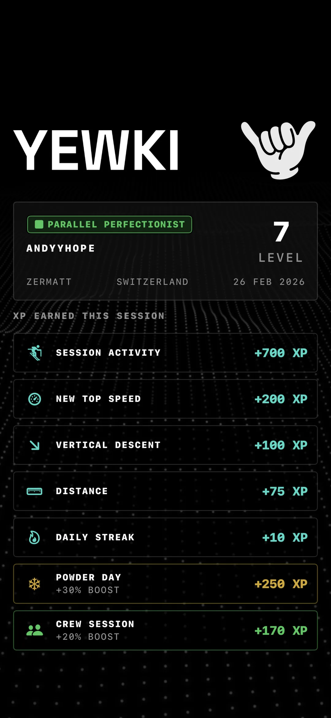 A screen showing the XP summary after a ski or snowboard session has finished recording